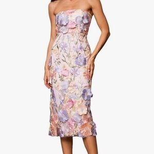 Strapless Pastel Floral Appliqué Midi Dress